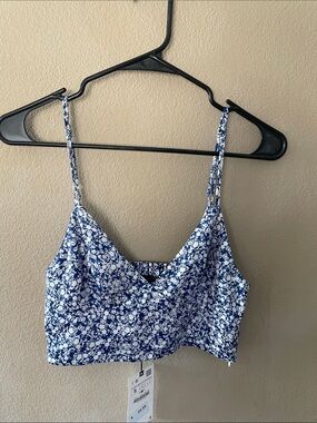 Zara Blue and White Floral Spaghetti Strap Crop Top